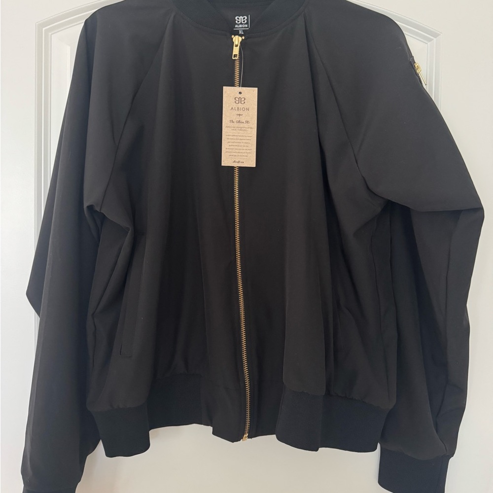 NWT Albion Black Bomber Jacket with Gold Zipper